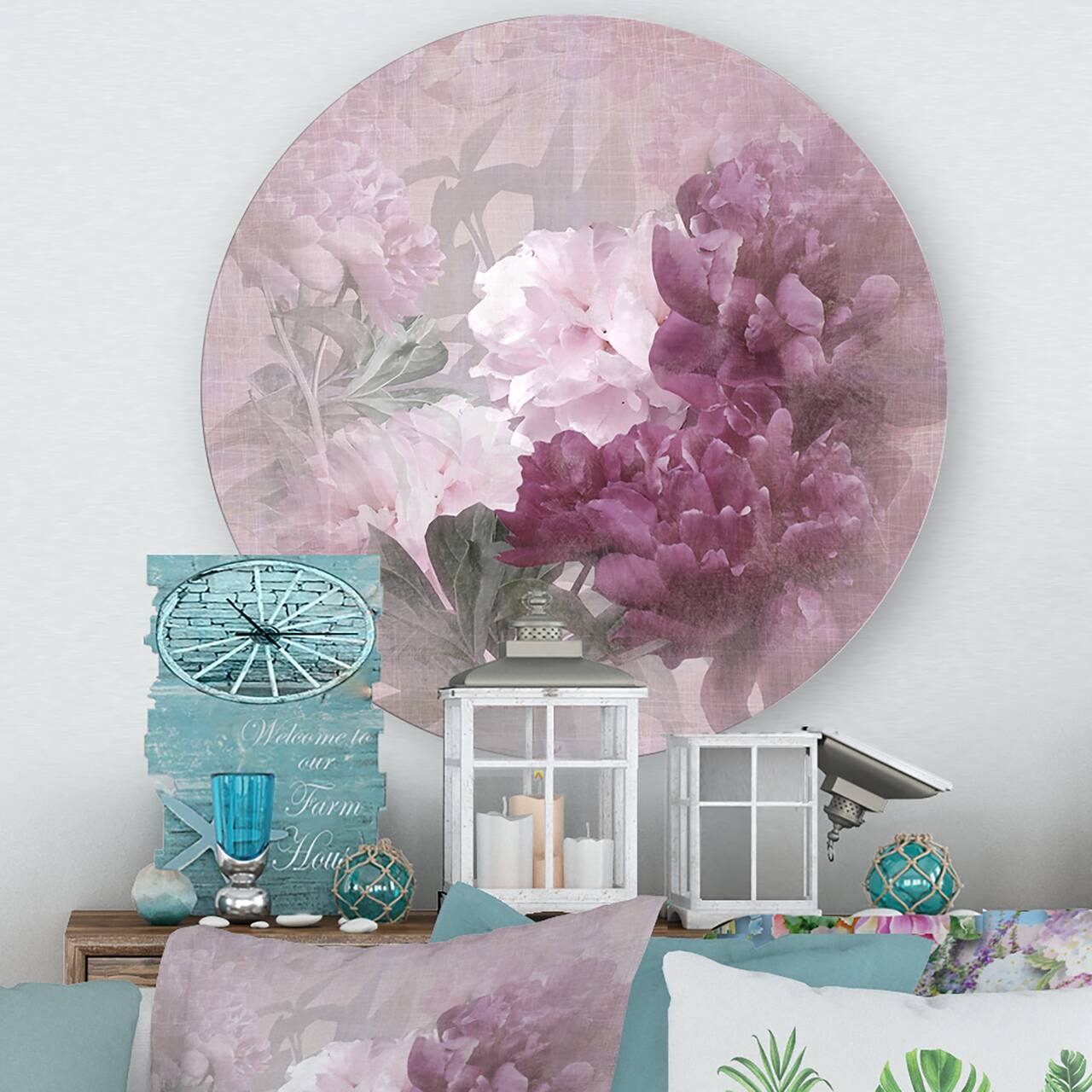 Designart - Vintage Purple and Pink Flowers II - Traditional Metal Circle Wall Art